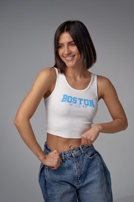 Майка в рубчик із принтом Boston - 03196 блакитна
