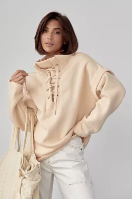 Теплий світшот зі шнурівкою на горловині - 05141 бежевий