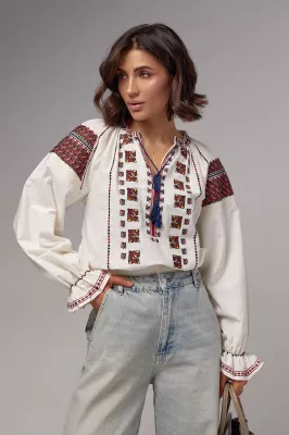 Жіноча вишиванка на зав'язках з рукавами-регланами - 05643