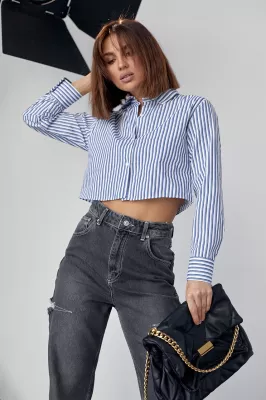 Укороченная женская рубашка в полоску - 091130 голубой