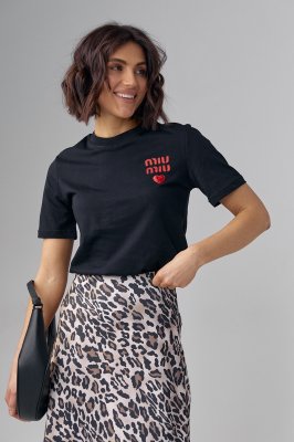Трикотажна жіноча футболка з написом Miu Miu - 122345 чорна