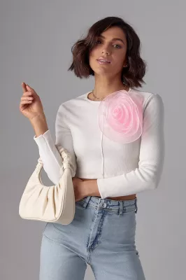 Короткий джемпер у рубчик з об'ємною квіткою - 12380 рожевий