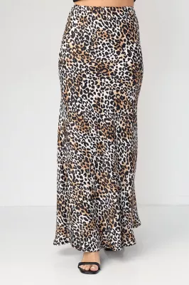 Спідниця атласна з леопардовим принтом - 1724 коричнева