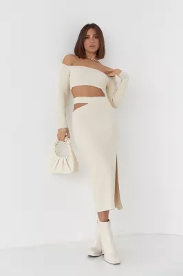 Трикотажний костюм у рубчик - 23015 кремовий