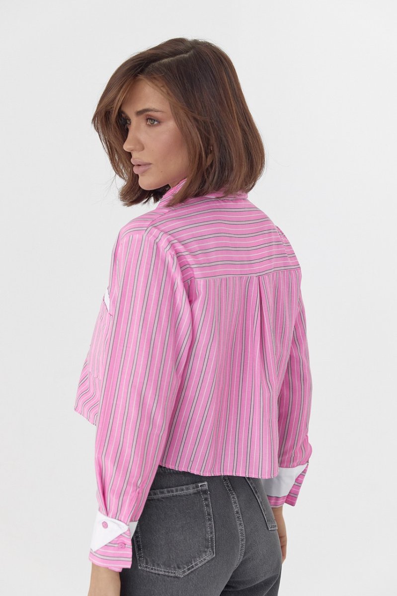 Укорочена сорочка в смужку з двома кишенями - 23280 рожева