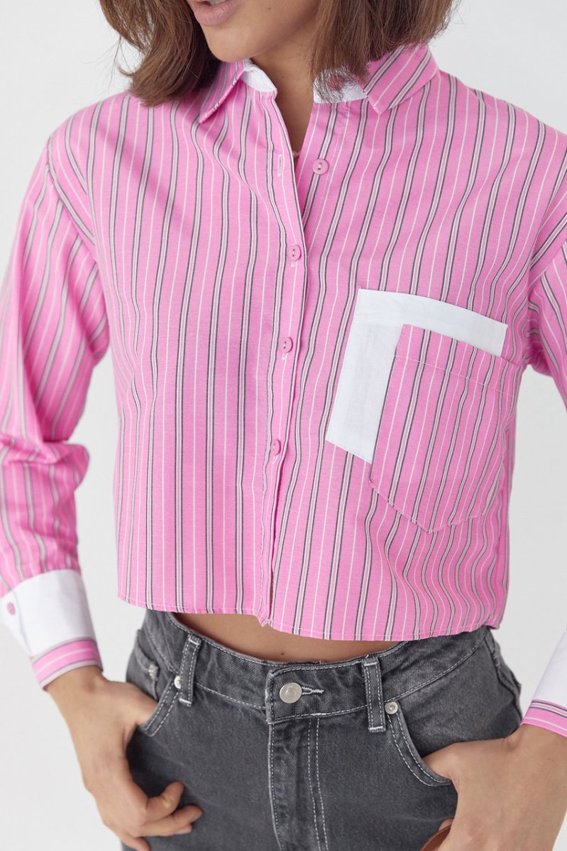Укорочена сорочка в смужку з двома кишенями - 23280 рожева