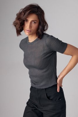 Жіноча футболка з ажурною в'язкою - 241049 темно-сірий