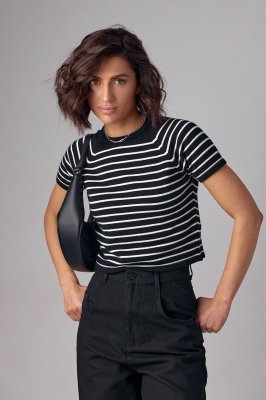 Укороченная женская футболка в полоску - 654322 черная