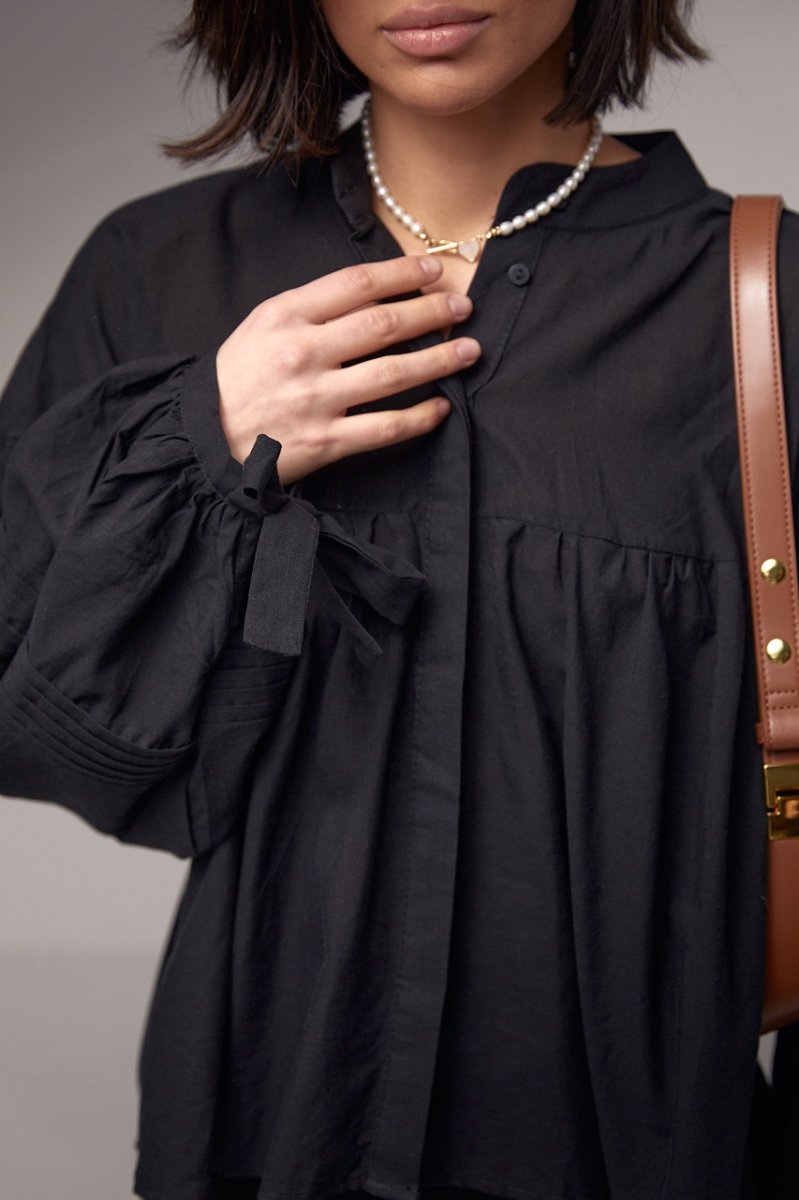 Бавовняна блузка з широкими рукавами на зав'язках - 6843 чорна