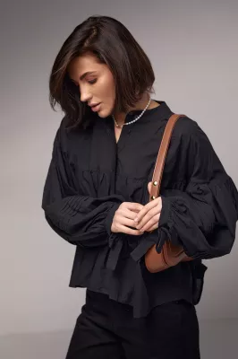 Бавовняна блузка з широкими рукавами на зав'язках - 6843 чорна