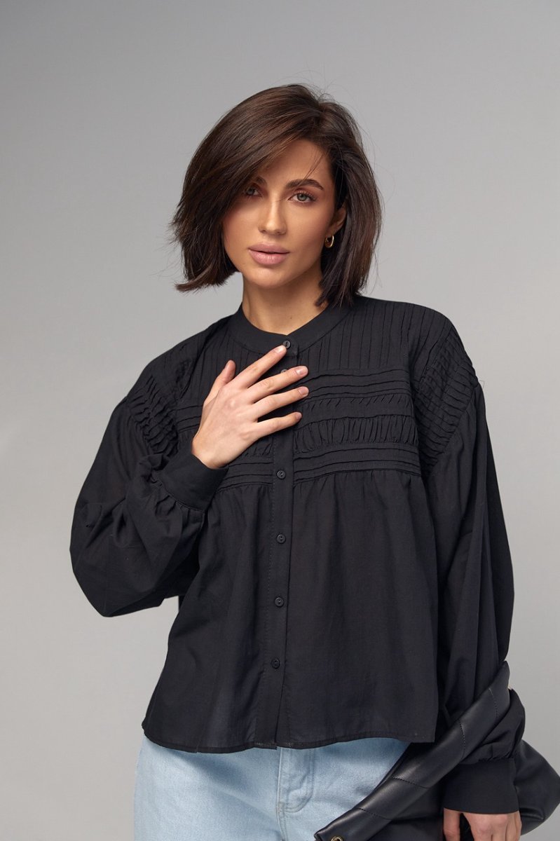 Бавовняна блузка на ґудзиках розширеного фасону - 6844 чорна