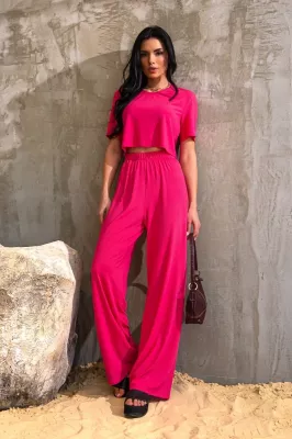 Костюм футболки і штани палаццо з трикотажу малиновий 3191
