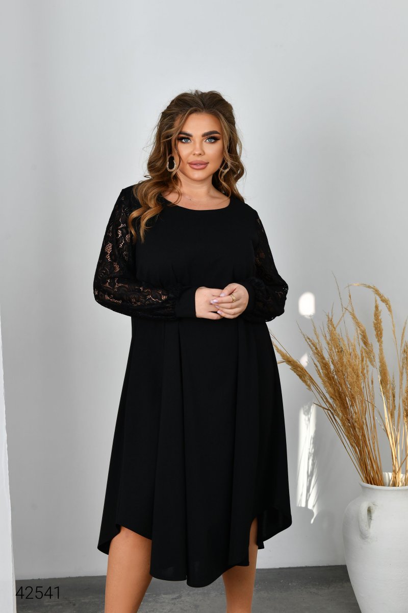 Сукня для повних з рукавами з гіпюру 42541 чорний