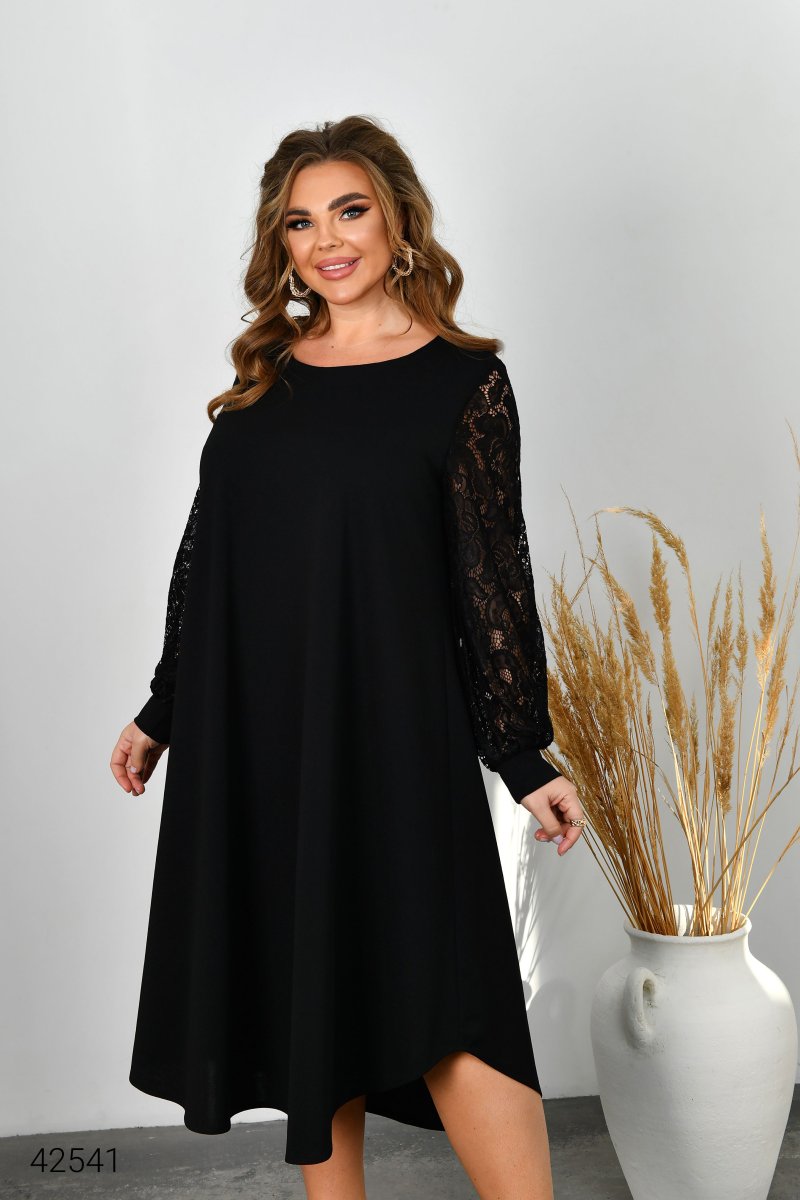 Сукня для повних з рукавами з гіпюру 42541 чорний