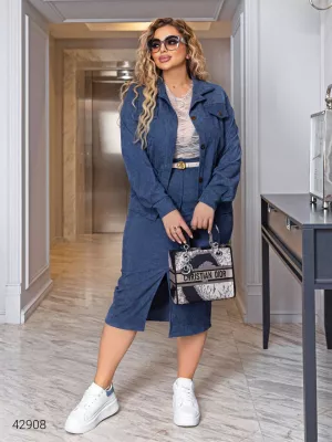 Жіночий вельветовий костюм зі спідницею 42908 синій
